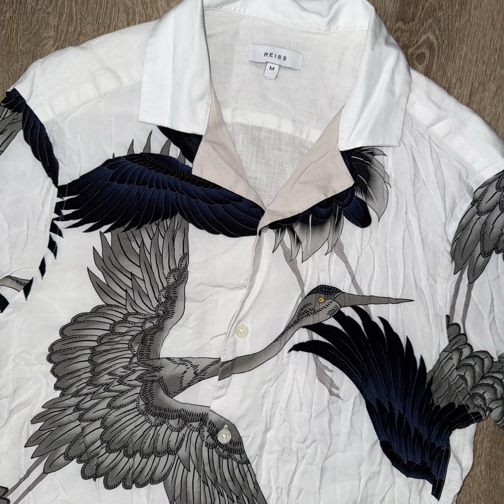 Reiss The Gigi Printed Viscose Short Sleeve Camp Collar Shirt Men M White Cranes